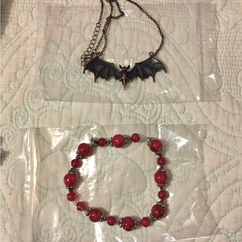 Gothic Bat Necklace and Red Beaded Bracelet Set